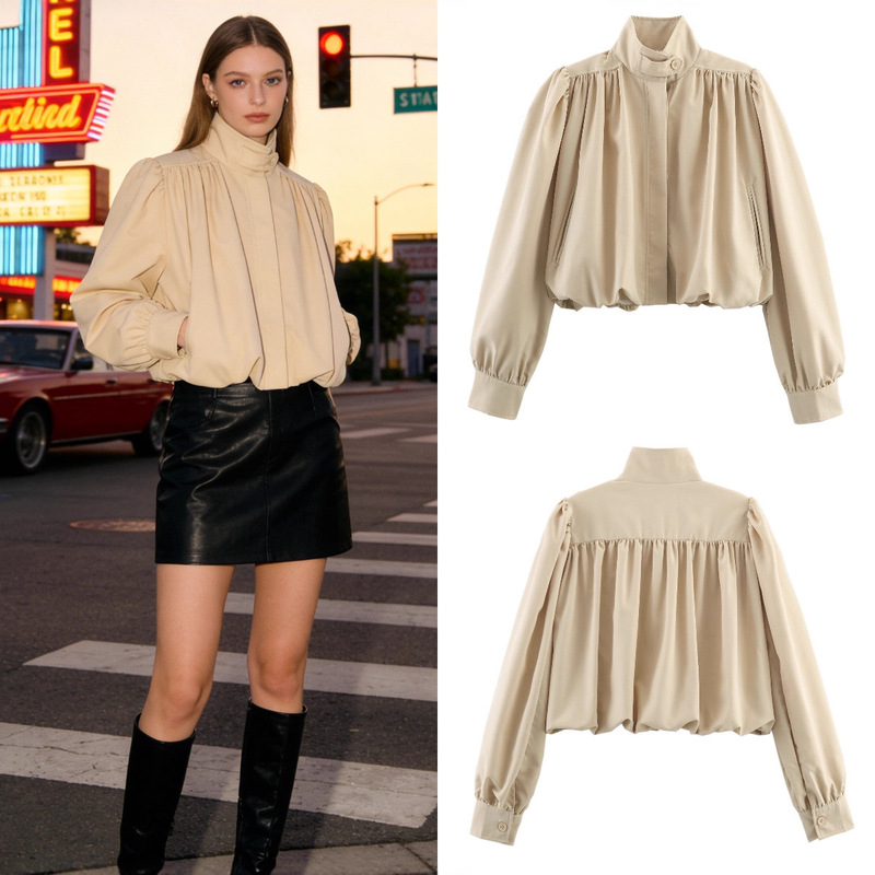 Za Foreign Trade Cross-Border Wholesale European and American Style Women's Clothing Autumn New Casual Fashion Stand Collar Pleated Jacket Coat