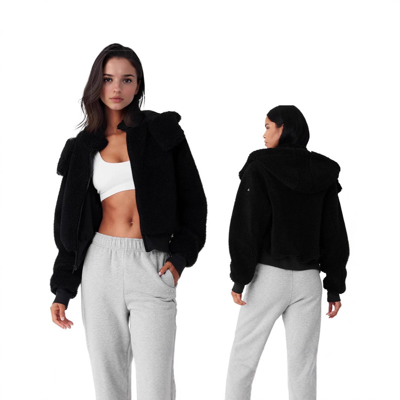 Alo 2025 Autumn and Winter Yoga Kendall Jenner Same Style Soft and Warm Puff Lamb Wool Short Hooded Short Jacket Alo 2025 Autumn and Winter Yoga Kendall Jenner Same Style Soft and Warm Puff Lamb Wool Short Hooded Short Jacket