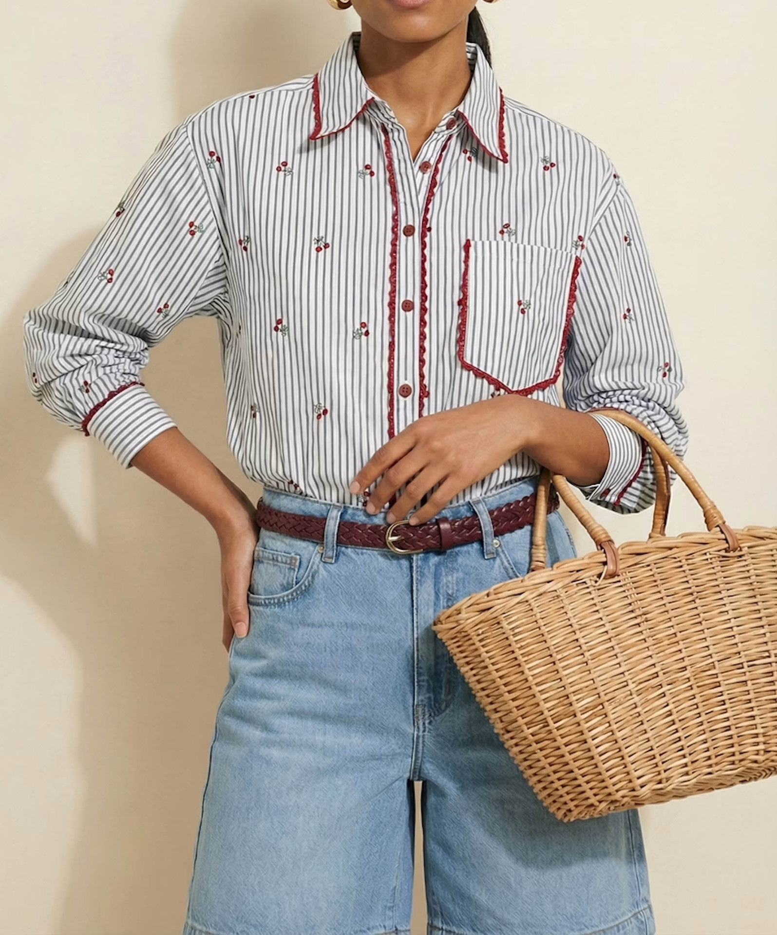 Cereza francesa bordada rayas camisa de mangas largas mujeres europeas y americanas camisa de viaje delgada suelta image 7