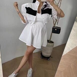 South Korea Women's High-rise Summer New Casual Color-matching Short-sleeved Drawstring Thin Coat Short Coat Solid Color Short Pants Cover