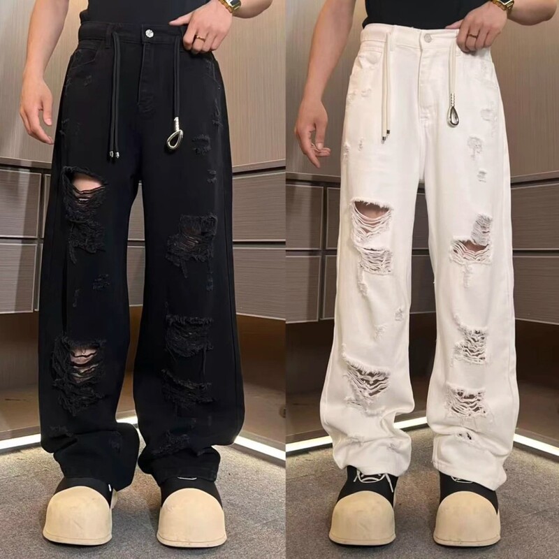 Trendy Ripped Black Jeans for Men 2025 Summer New Versatile Semi-Elastic Waist Loose Straight Casual Pants for Men