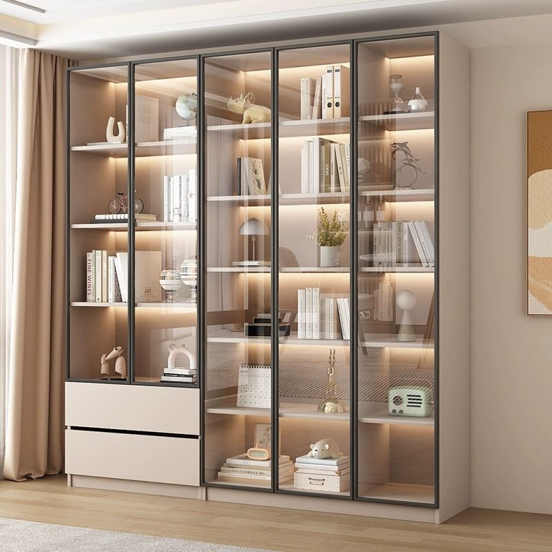 Display Cabinet Living Room Whole Wall Storage Cabinet Solid Wood Ecological Board Bookshelf Hand-Made Cabinet Integrated Bookcase Home with Glass Door