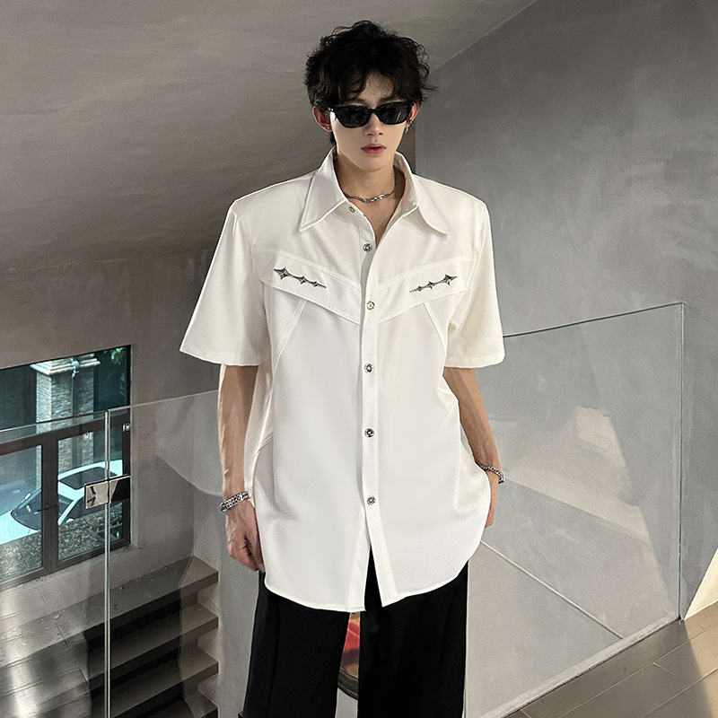 垫肩小众金属解构短袖衬衣夏季男装衬衫潮男半袖衬衫青年上衣