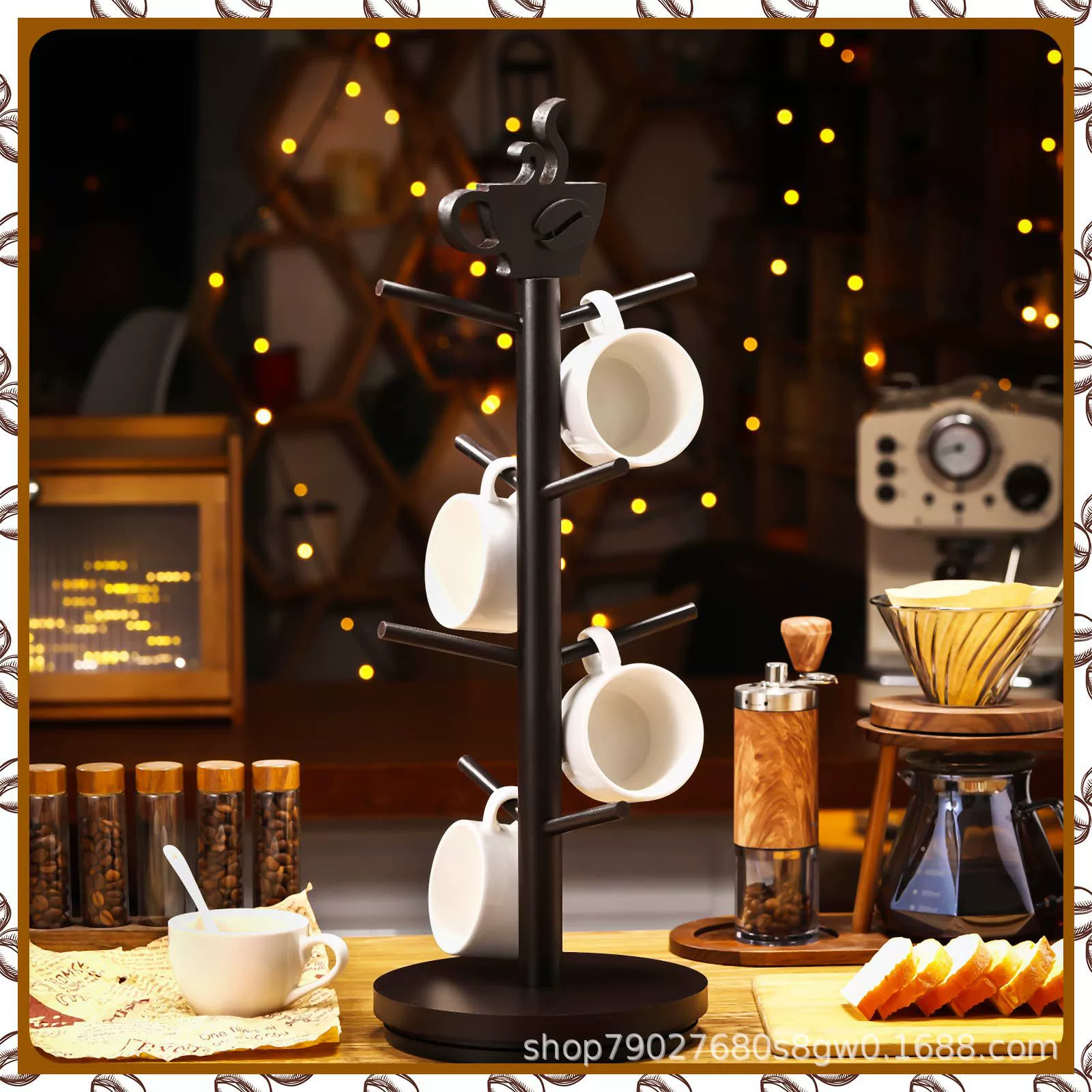 Деревянная подставка для чашек кофе Вращающаяся подставка для чашек кофе тема кружка дерева держатель из восьми крючков