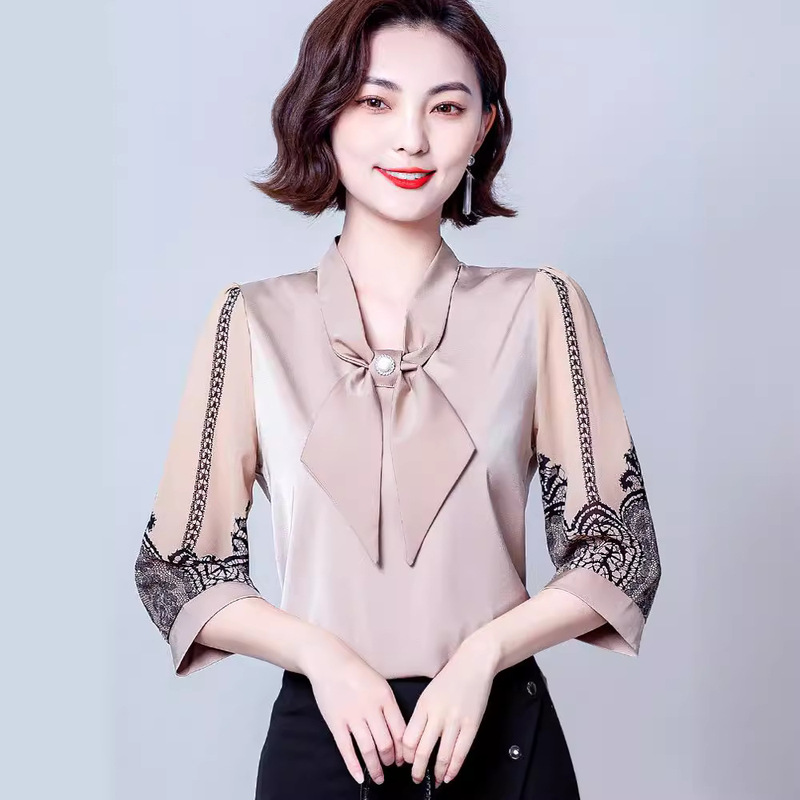 Seven-Sleeve Chiffon Shirt Women's Spring Western Style Mid-Sleeve Women's Shirt Advanced Sense Middle-Aged Mother Loose Top Summer