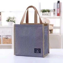 条纹保温袋铝箔加厚手提袋大容量饭盒袋便当包上班族餐包袋子绢花