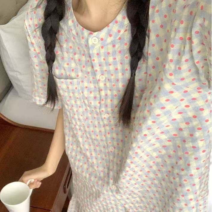 2025 lindo traje de pijama de lunares de oso de estilo ins para mujer cárdigan de cuello redondo de verano suelto y se puede usar en el hogar