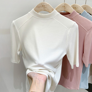 Shoulder Fleece Base Shirt plus size Half Sleeve T-shirt Women's Autumn and Winter Fashion All-match Slimming Top