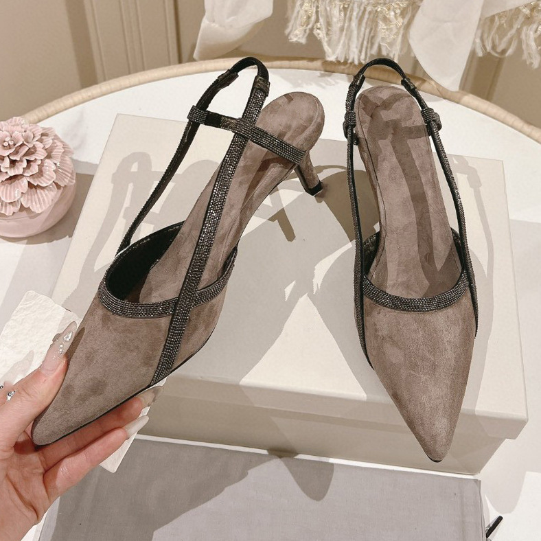 French Classic Bc Summer New Elegant Pointed Toe Women's Sandals Gold Steel Diamond Chain Suede Stiletto Heels with Empty Back Shoes