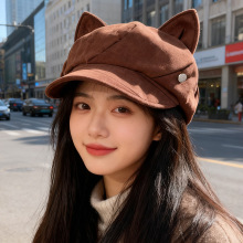 2025新款猫耳朵八角帽子女春秋复古英伦风贝雷帽日系麂皮绒鸭舌帽