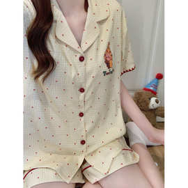 实拍夏季新款云朵棉卡通睡衣女韩系甜美开衫翻领宽松家居服套装