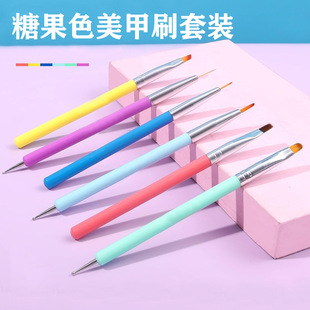 Cross-border Hot Sale 6 Pct Rainbow Nail Art Brush suit Double Head Nail Art Brush Wooden Rod Nylon Hair Nail Art Pen suit