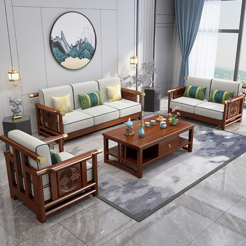 新中式金丝檀木实木沙发客厅现代轻奢经济小户型组合木加布沙发
