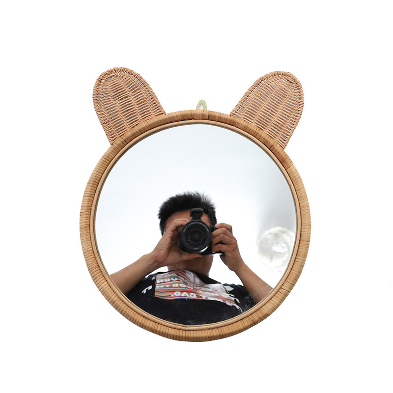 Espejo decorativo de pared de tejido de ratán transfronterizo personalizado, espejo colgante de decoración de pared de fondo para el hogar de B & B, espejo de maquillaje creativo de dibujos animados