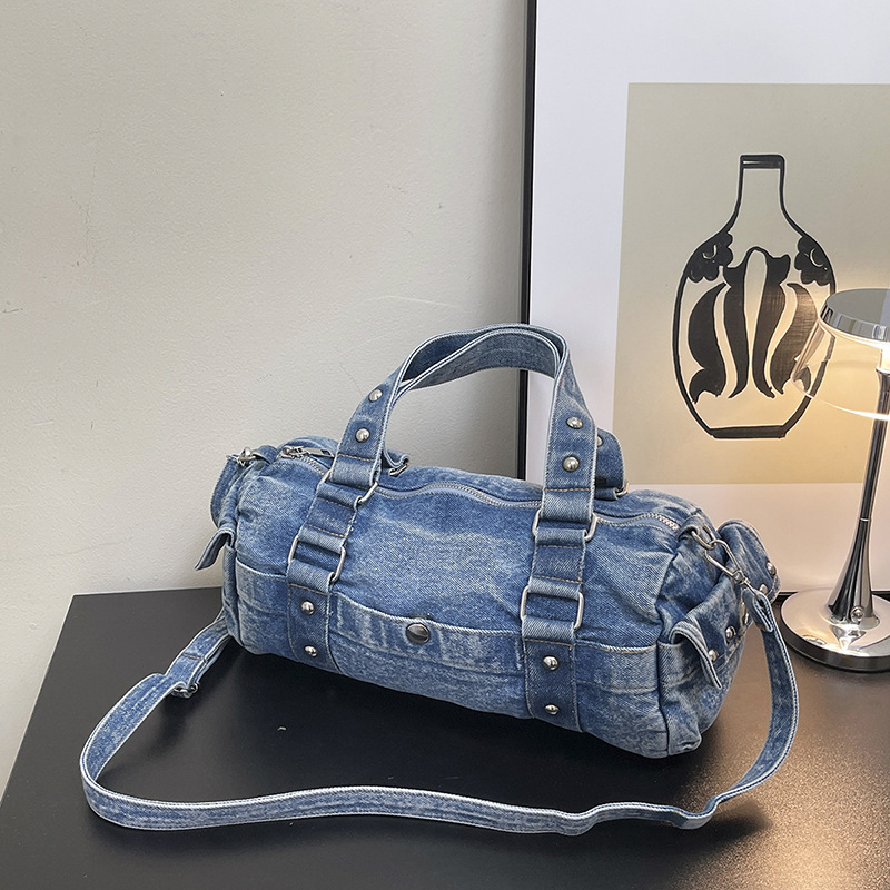 Washed Denim Large Capacity Baguette Bag Textured Versatile Studded Crossbody Bag Fashion Shoulder Handbag For Women - Thumbnail 5