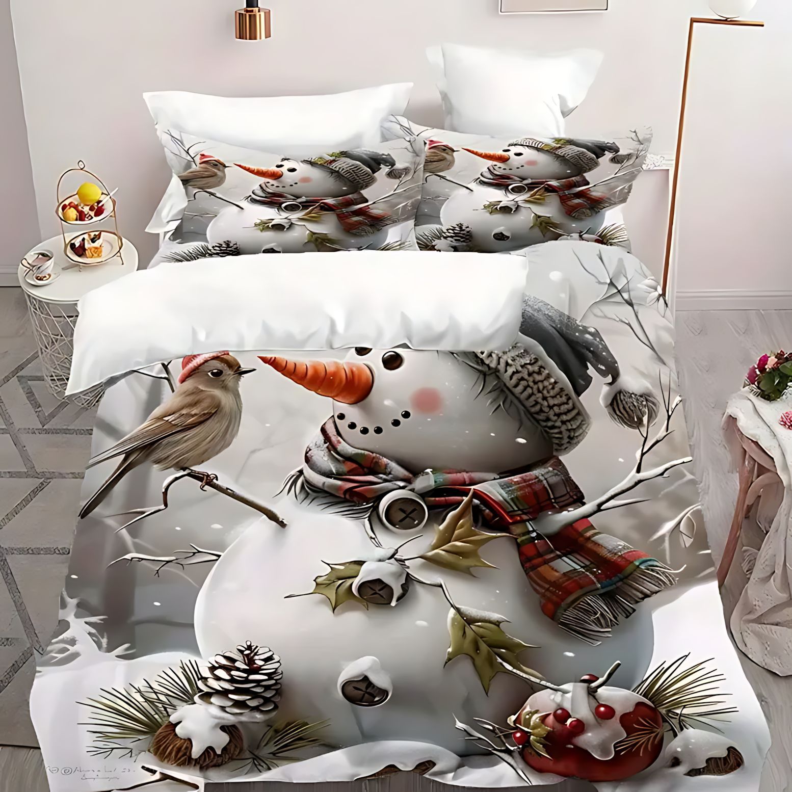 TEMU / JIT Amazon invierno muñeco de nieve HD impresión digital colcha de cama set para dibujar