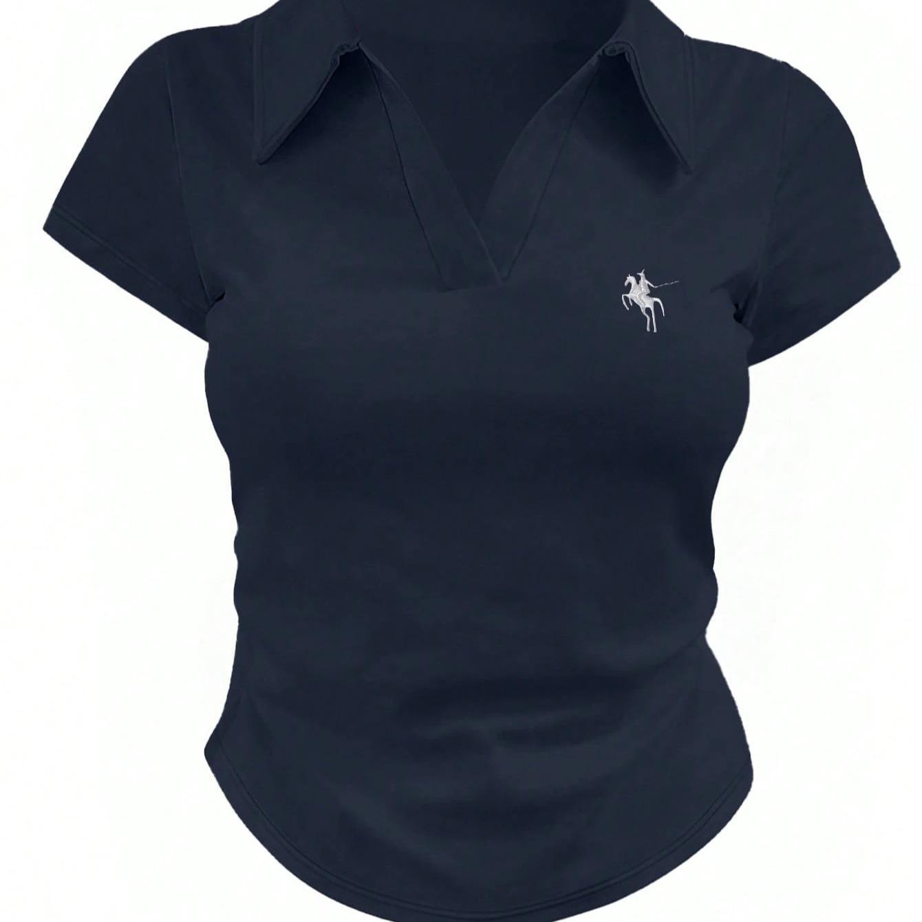 Slim Fit Women's Polo Shirt Collared Solid Colour Equestrian Top_voghion.com