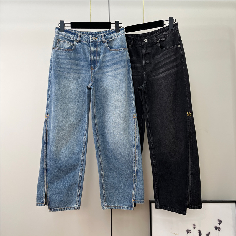 Designer Jeans for Women, Size 26, New Summer Style with Side Slits, Sexy Mid-Low Waist, Loose Fit, Cropped Wide-Leg Pants, Trendy Designer Jeans for Women, Size 26, New Summer Style with Side Slits, Sexy Mid-Low Waist, Loose Fit, Cropped Wide-Leg Pants, Trendy