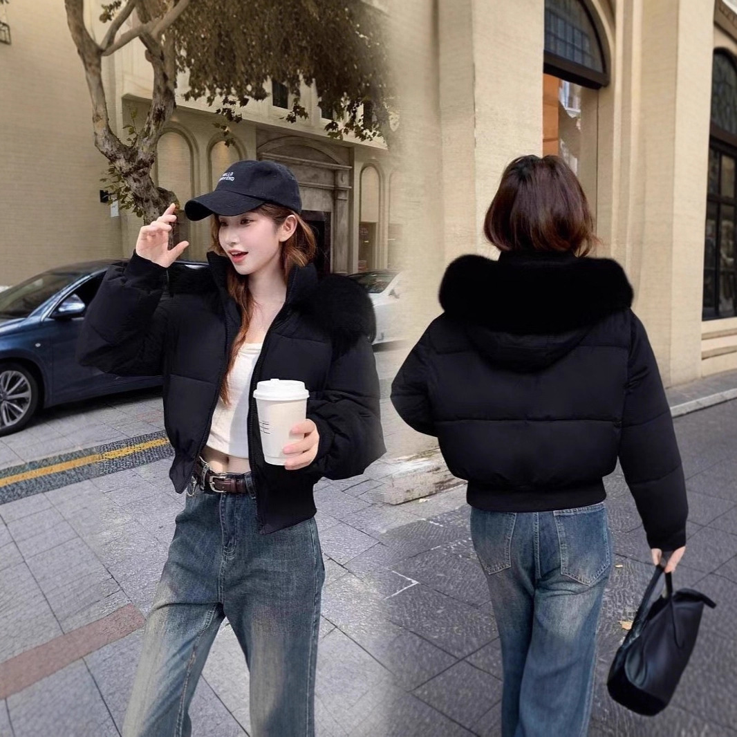 美式复古 藏青色冬季毛领连帽收腰加厚短款羽绒棉服女小个子棉服