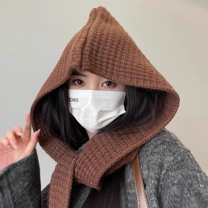 冬季帽子围巾一体两件套纯色保暖两用针织帽斗篷百搭时尚连帽披肩|undefined