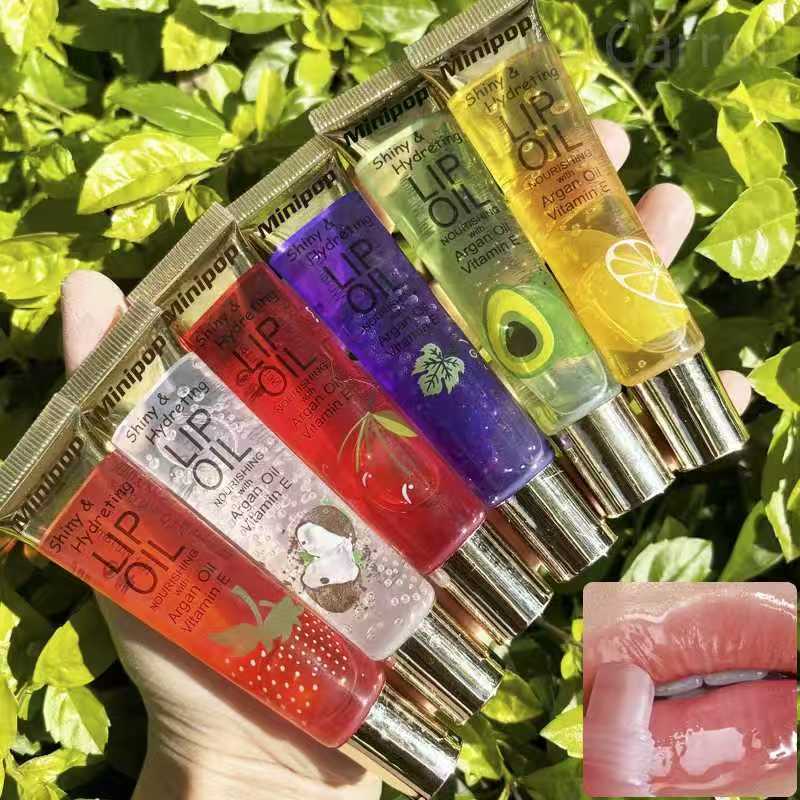 Frutas transfronterizas, óleo labial MINIPOP, textura transparente, óleo labial hidratante, agua de manguera de brillo labial.