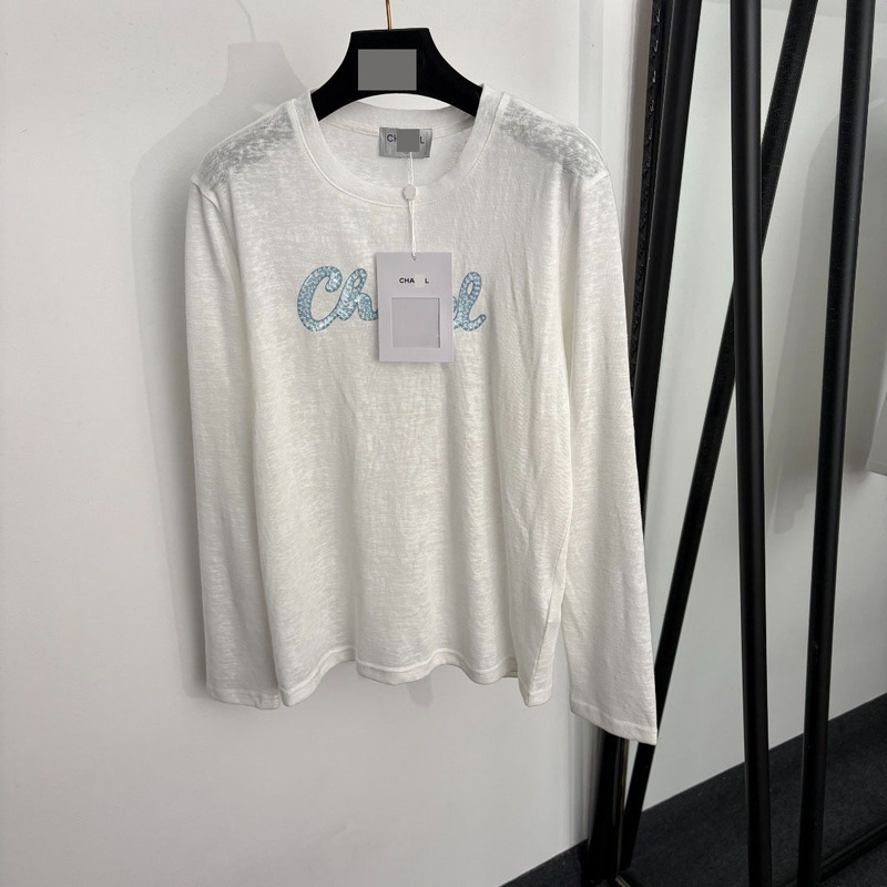 Nanyou high-end foreign trade stylish slim-fit shiny sequin embroidered letter pure cotton long-sleeve bamboo cotton T-shirt, base shirt Nanyou high-end foreign trade stylish slim-fit shiny sequin embroidered letter pure cotton long-sleeve bamboo cotton T-shirt, base shirt