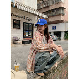 美式复古不规则拼接格纹衬衫女夏秋设计感情侣百搭长袖上衣外套潮