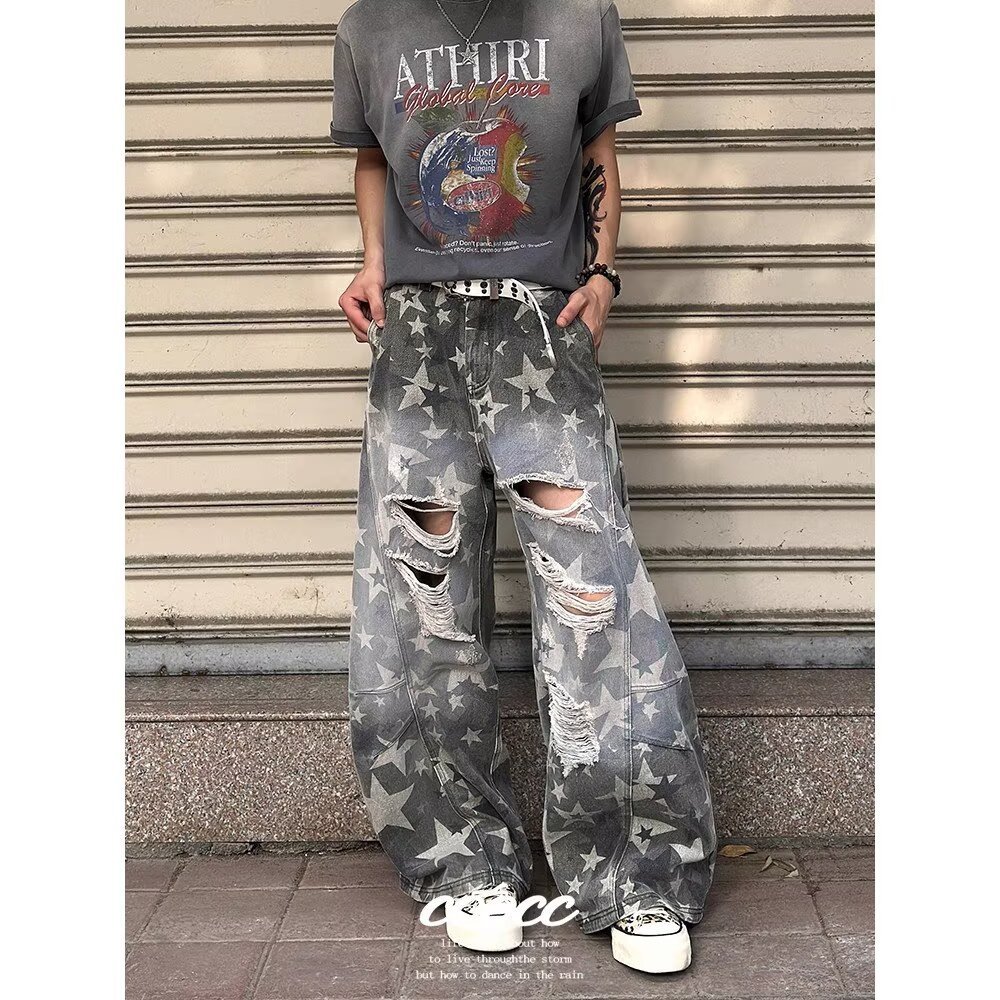 Herrenbekleidung Amerikanische Retro-Jeans im Used-Look mit Camouflage-Muster, locker geschnitten, weit geschnitten, lässige Hose im Streetstyle, geschwungene Kanten_voghion.com