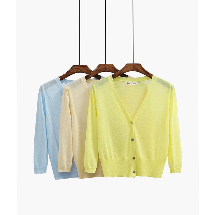Single Wear Summer New Women's Three-Quarter Sleeve Short V Neck Ice Silk Air-Conditioning Shirt Sun Protection Clothing Women's Outwear Knitted Cardigan
