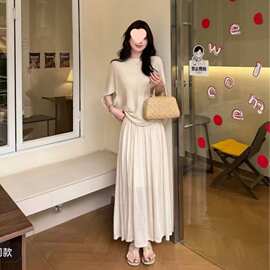 春夏慵懒风亚麻天丝半身裙套装女蝙蝠短袖针织衫两件套燕麦色均码