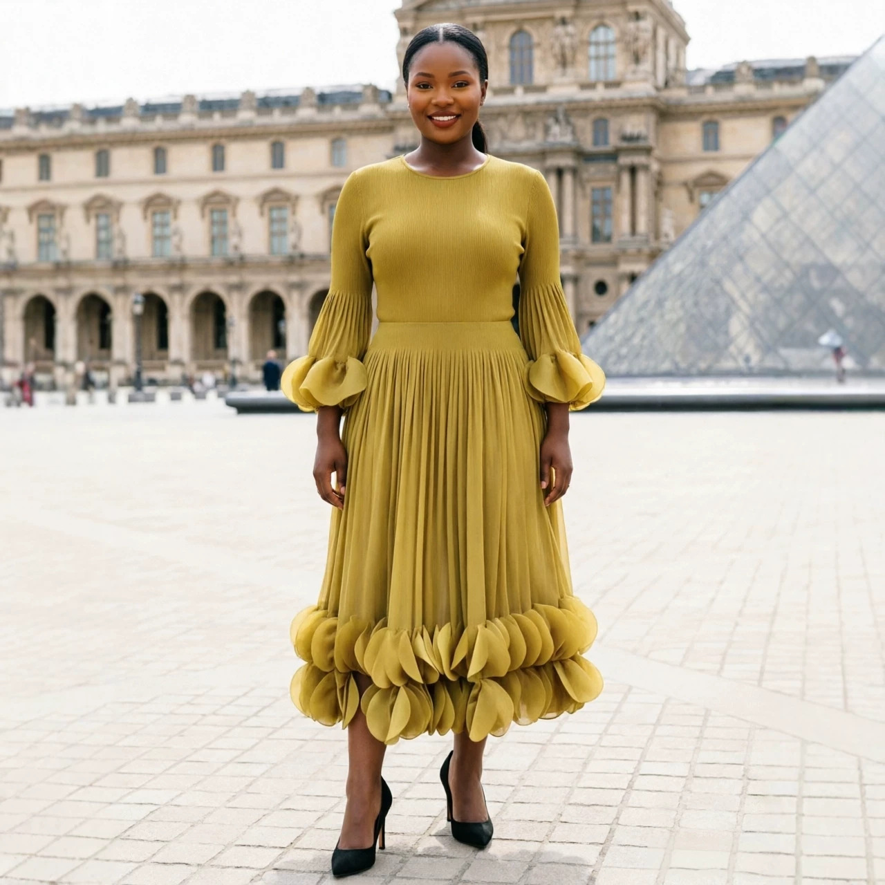 European, American, and African Cross-Border Issey Miyake Pleated Plus-Size Dress, Fashionable Solid Color, Elegant with Circular Embellishments, Pleated Skirt