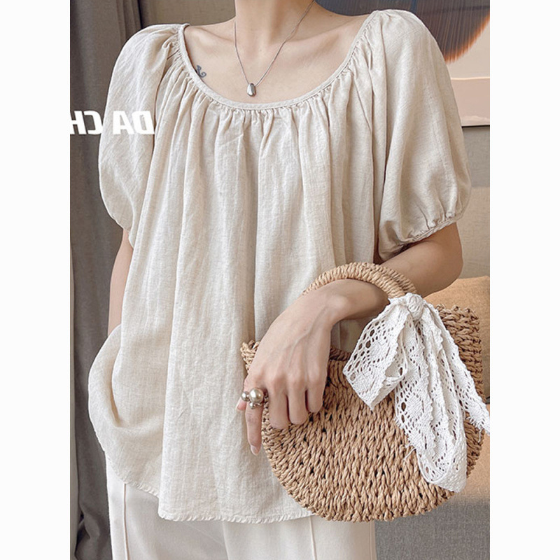 日韩棉麻上衣女一字领宽松显瘦T恤2023夏季新款薄款泡泡短袖遮肉