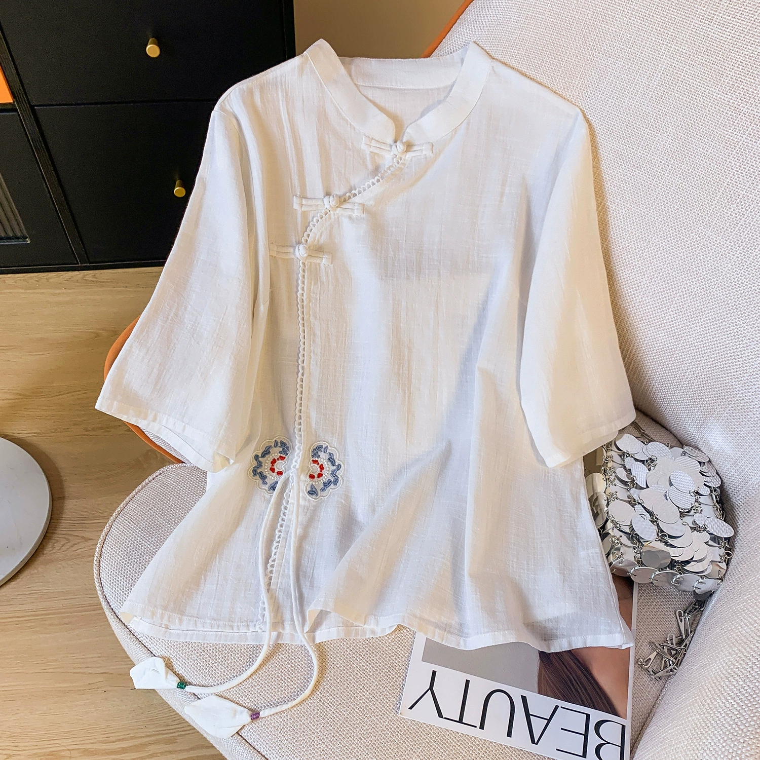 2024 Летний новый ретро китайский стиль улучшенный хлопок льна вертикальный воротник