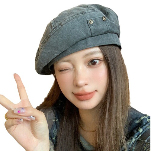 Women's Vintage Denim Beret, Washed Distressed Thin Artist Hat, Large Headsize, Versatile, Fashionable, Forward Hat, Highlights Face