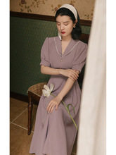 法式复古紫色连衣裙女夏季小众艺术收腰质感古着vintage裙