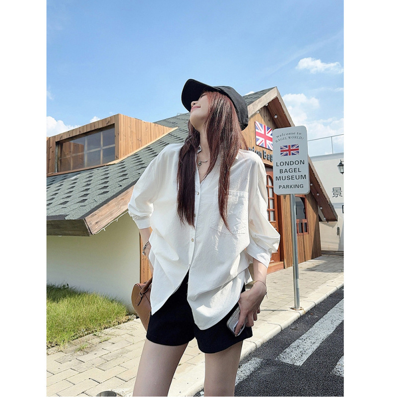 韩系设计V领衬衫袖白色衬衫女装早秋新款老钱风宽松显瘦收腰上衣|undefined