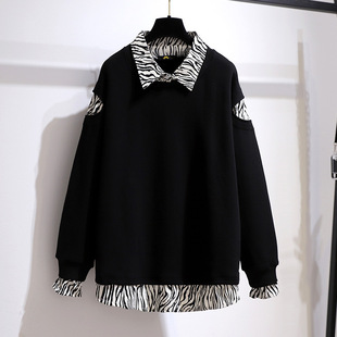 60-175kg Plus Size Women's Fat mm Korean Style Fashion Top Loose Slimming Look Fake Two-Piece Sweatshirt 2025 Spring & Fall