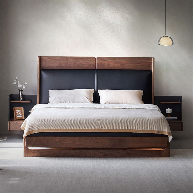 Black Walnut Solid Wood Bed Italian Minimalist Leather Modern Light Luxury Master Bedroom Double Suspended Soft Bed