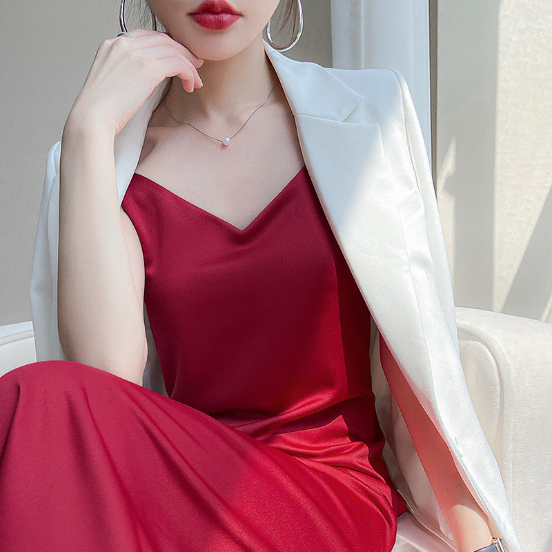 Silk Acetate Satin Sling Dress Women Spring Summer Autumn New French Style Super Long Slim Elegant