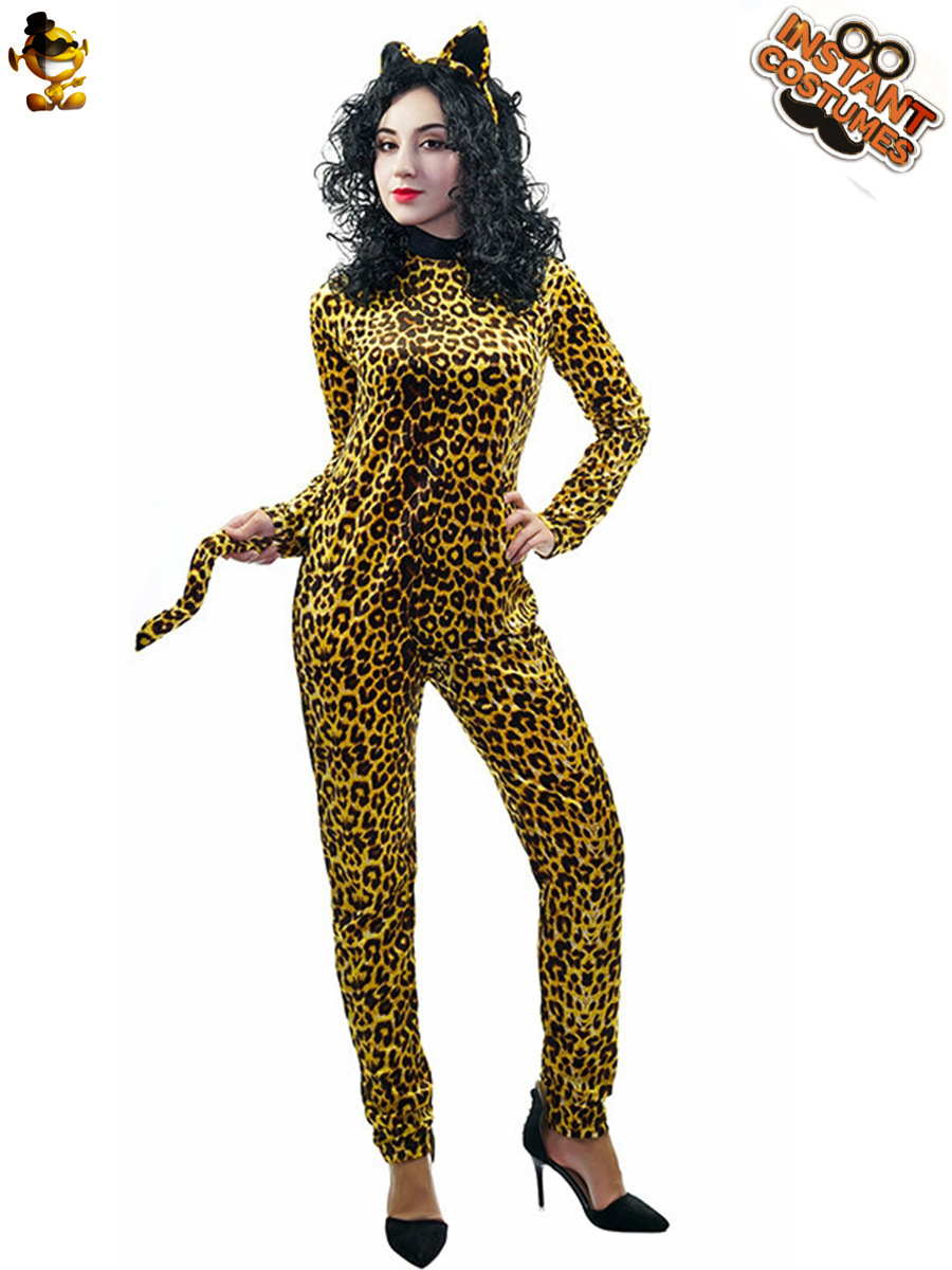 Traje de disfraz de disfraces con estampado de leopardo para mujeres adultas de Halloween