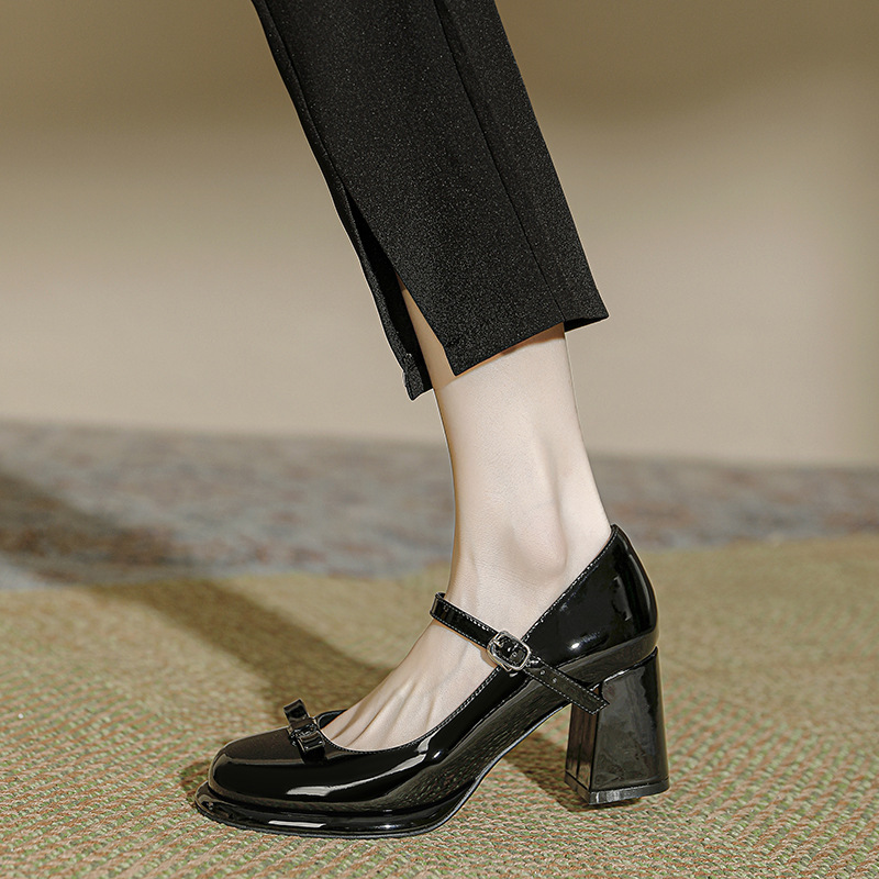 French Mary Jane women's shoes 2024 spring cute bow buckle all-match chunky heel platform high heels