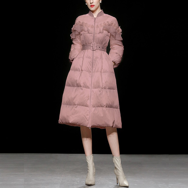 New Women's Fog Pink Collar Mid-length White Duck Down Jacket Thickened Waist Over-the-knee Jacket