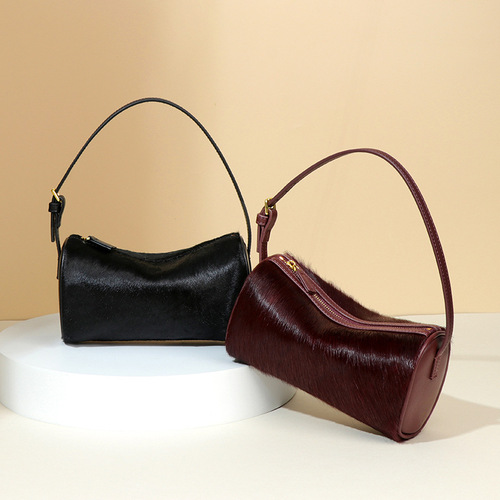 Light Luxury Horse Hair Genuine Leather Women's Bag High-end Original Design One-shoulder Armpit Bag Hand-carrying Pen Holder Bag Pillow Bag Square Bag