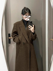 韩版西装秋冬咖色感毛呢大衣外套新款过膝加厚中长款气质呢子