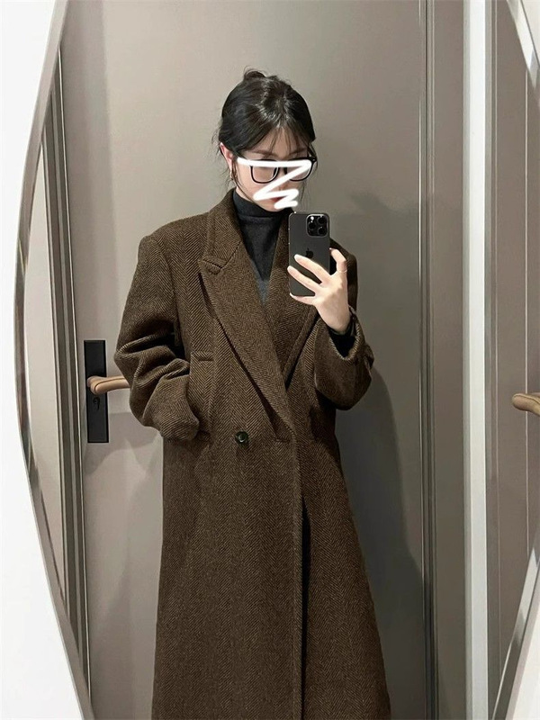 韩版西装秋冬咖色感毛呢大衣外套新款过膝加厚中长款气质呢子|undefined