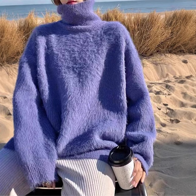 Weicher und gemütlicher Pullover mit hohem Halsausschnitt – flauschiger Strickpullover aus Nerzimitat für Damen, übergroße, lockere Passform, warmes Winter-Layering-Essential_voghion.com