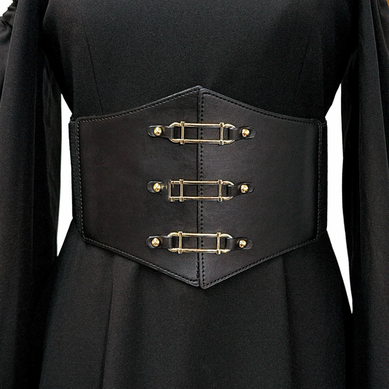 European and American style, pointed-edged, wide elastic waistband with vertical metal buckle embellishments, a high-end and elegant elastic wide belt