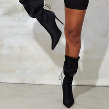 2021年新品尖头细跟超高跟一脚蹬 一件代发时尚欧美套脚褶皱女靴