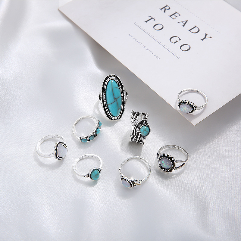 Retro Inlaid Turquoise Carved Feather Alloy Ring 8-piece Set display picture 8