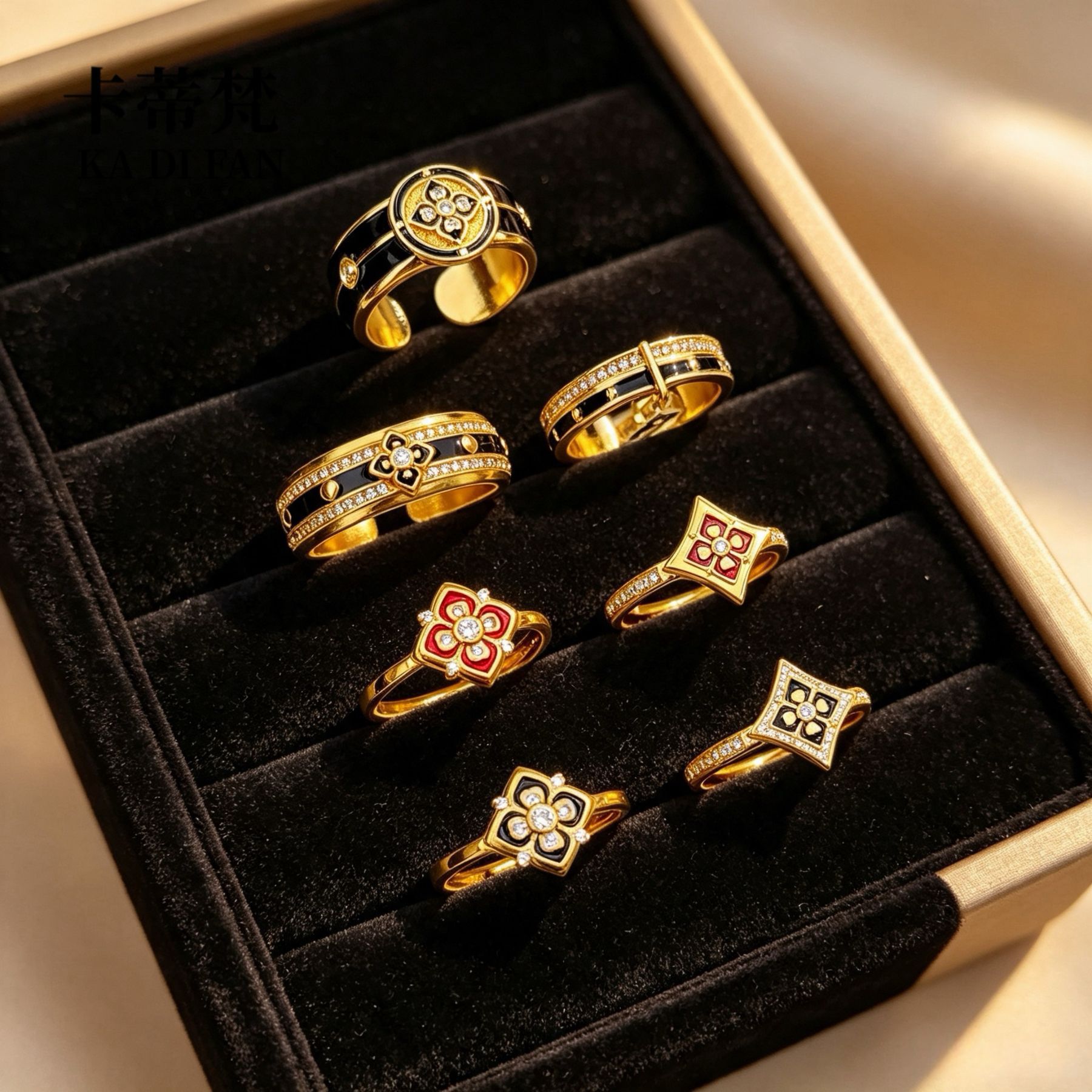 Gold shop-style sand gold enamel multi-patterned flower ring, vintage light luxury with a high-end feel, wide four-leaf clover ring